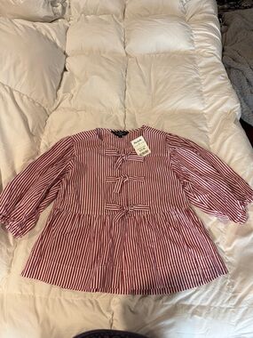 Red and White Striped Tie-Front Peplum Top